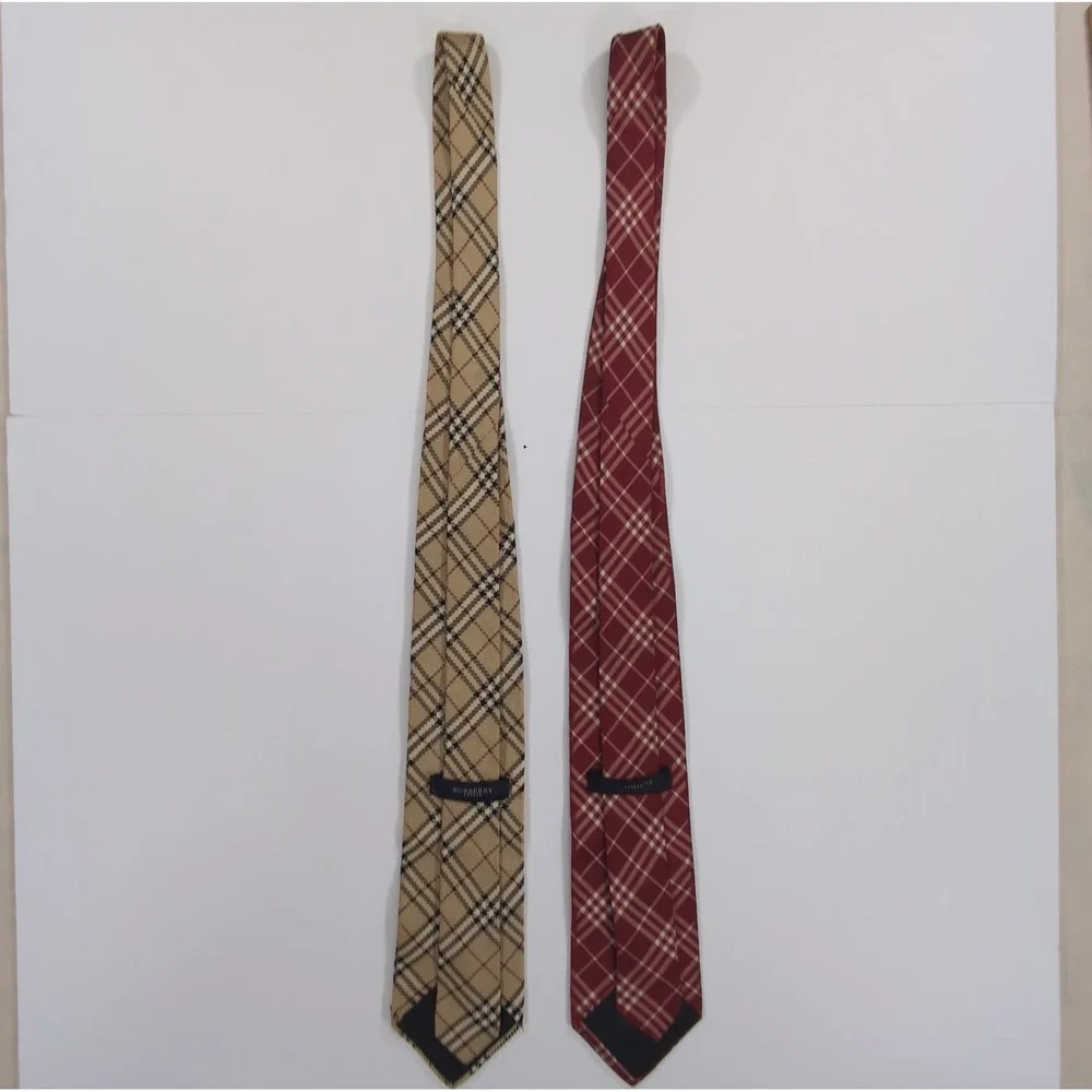 Burberry Mens Neckties Lot 2 OS Tan Red Nova Check Silk AS IS Craft Repair
